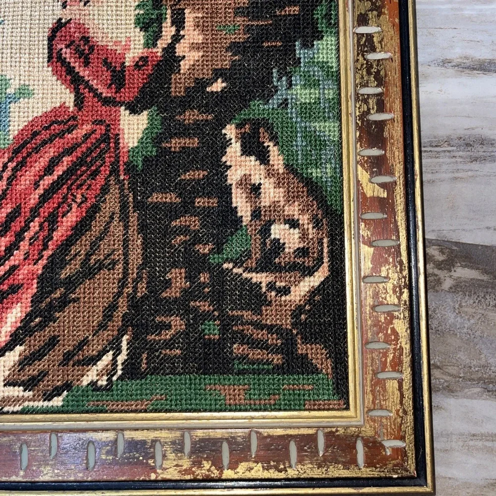 VTG MCM Petit Point Needlecraft gold distressed wood framed picture Girl Tree
